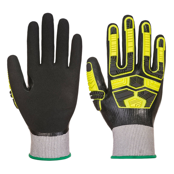 A pair of grey and black Portwest waterproof HR cut impact gloves.