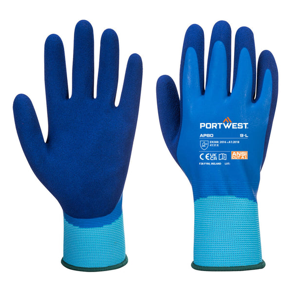 A pair of blue and black Portwest Liquid Pro gloves.