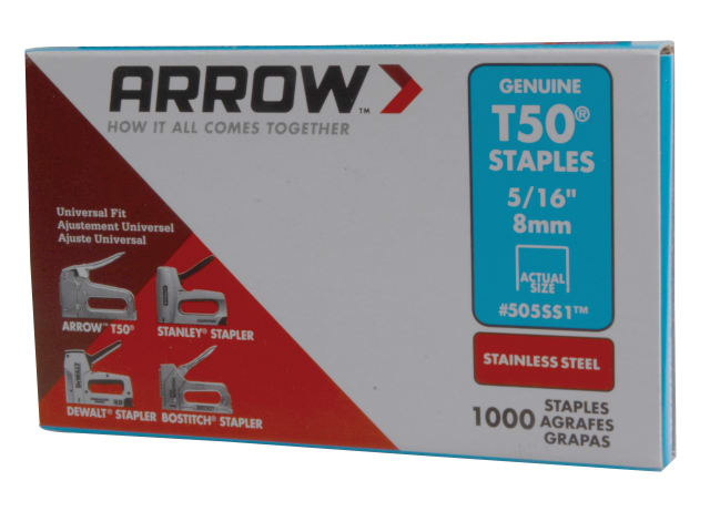 Arrow T50 Stainless Steel Staples Stainless Steel 505SS 8mm (5/16in) (Box 1000)