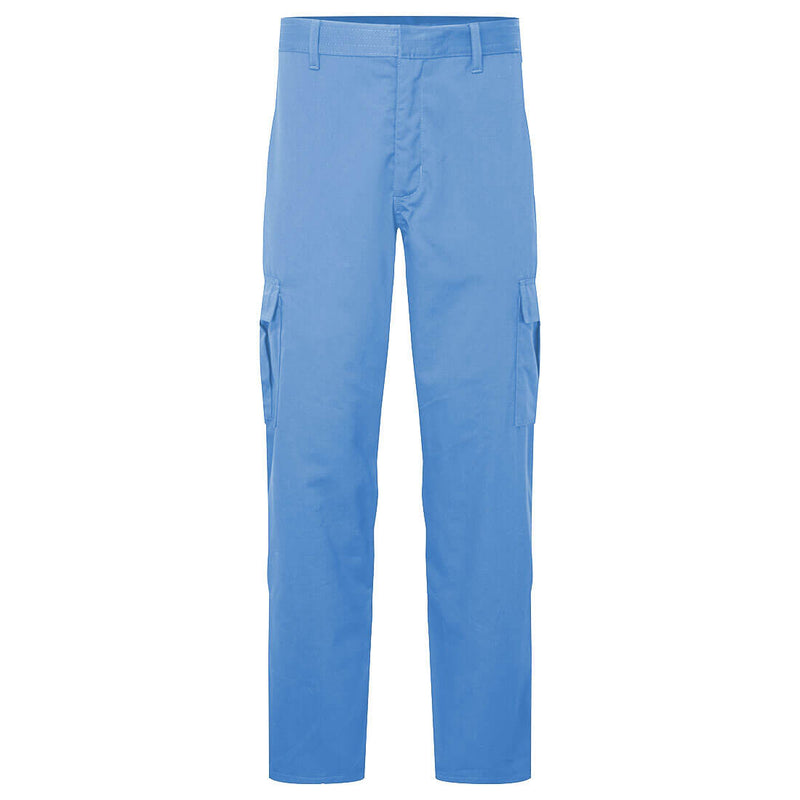 Light blue straight-leg cargo trousers with side flap pockets