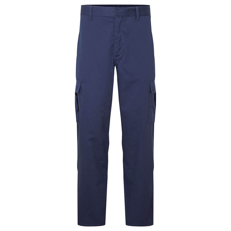 Navy blue straight-leg cargo trousers with side flap pockets