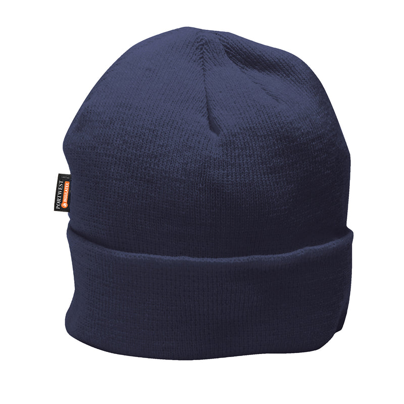 Navy blue Portwest Knit Hat (B013) with thermal Insulatex lining.