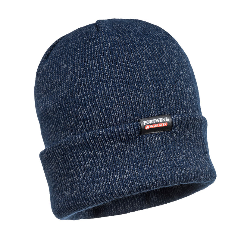 Navy Portwest Reflective Knit Beanie (B026) with Insulatex thermal lining.