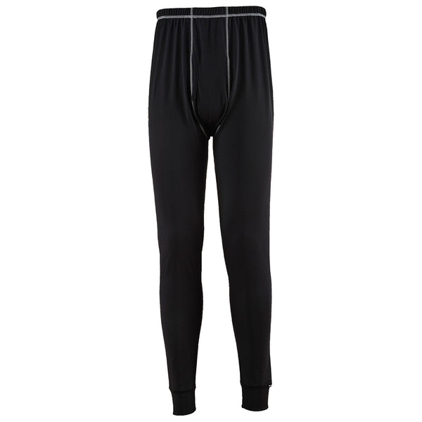 Black waffle-knit thermal leggings with gray flatlock seams and elastic waistband, front view