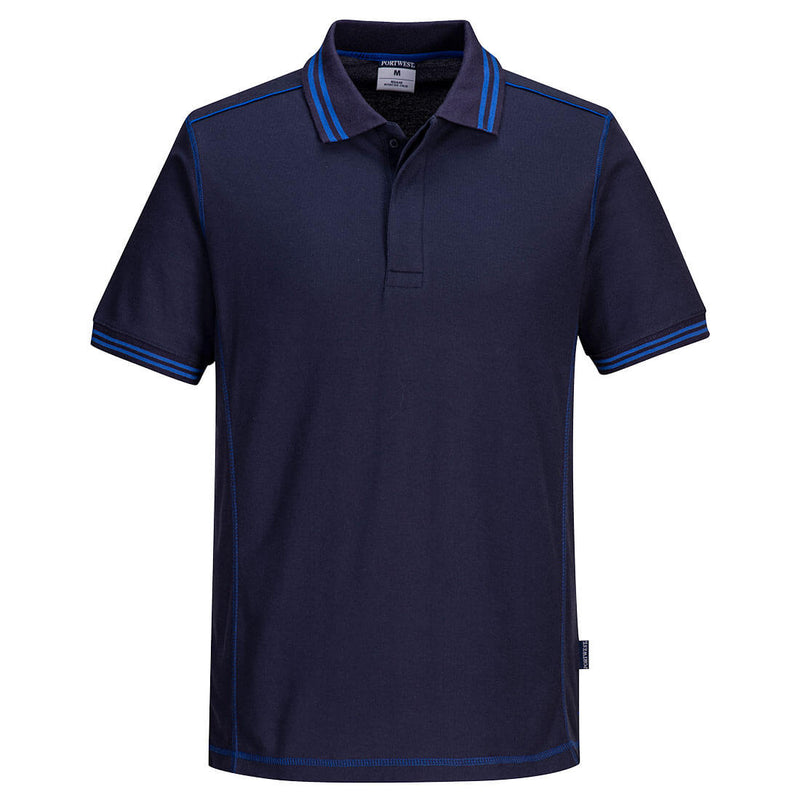 Portwest Essential Two-Tone Polo B218 combining navy blue with royal blue panels for a modern look.