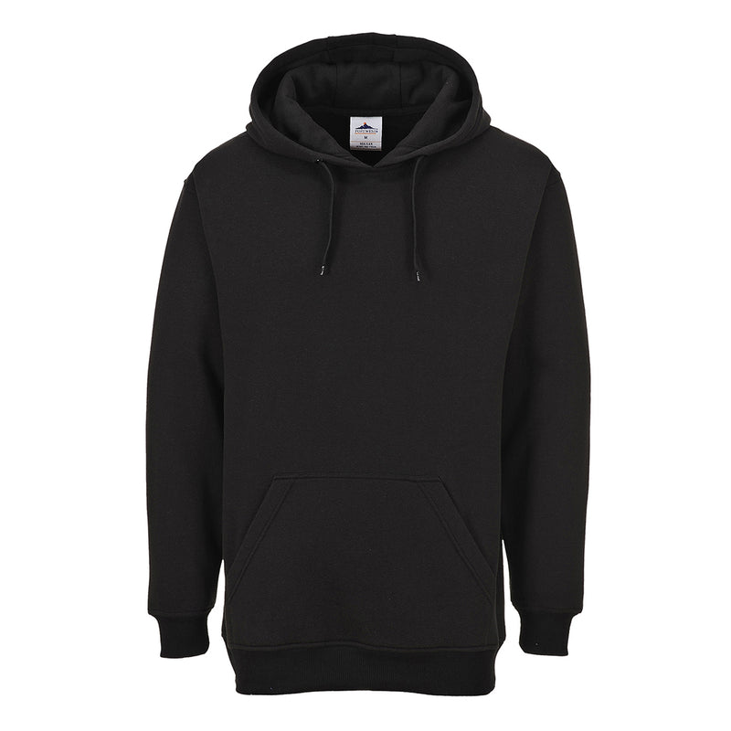 Classic black Portwest Roma Hoodie B302 with a drawstring hood and kangaroo pocket.