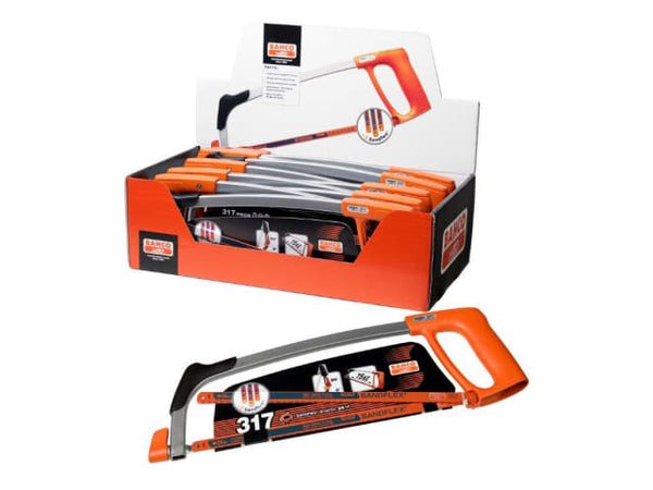 A promotional display of 10 Bahco 317 hacksaw frames and blades.