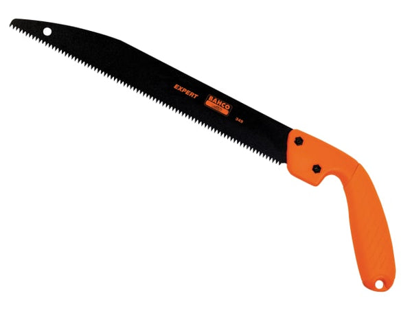 A Bahco 349 pruning saw with a 12-inch blade and a classic wooden handle.