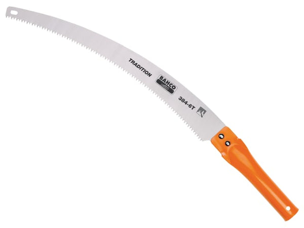 A Bahco pruning saw with a curved blade and a comfortable, riveted wooden handle.