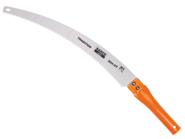 An alternative model Bahco pruning saw featuring a traditional wooden handle and curved steel blade.