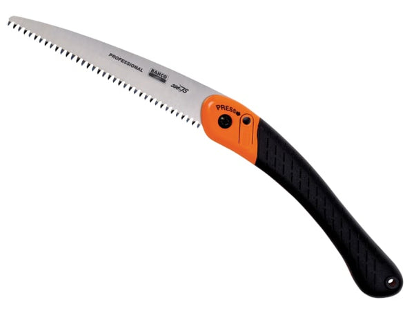 A Bahco 396-JS professional folding pruning saw, 190mm, with a curved blade for efficient cutting.
