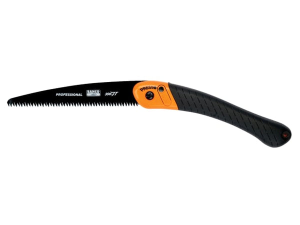 Angled view of the Bahco 396-JT folding pruning saw, showing its orange and black ergonomic handle.