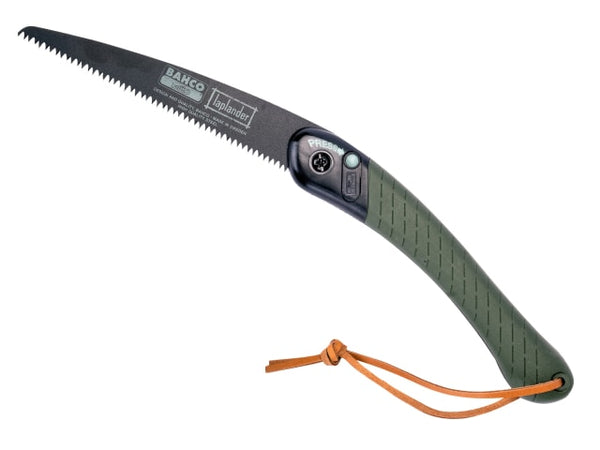 A Bahco 396-LAP Laplander folding pruning saw, 190mm, with a green handle and leather strap.