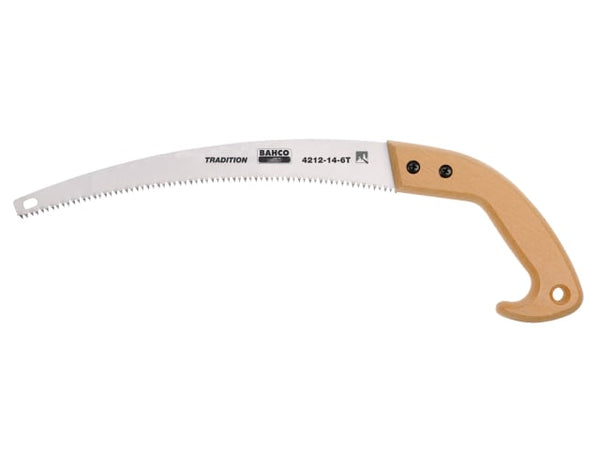 A Bahco 4212-14-6T pruning saw with a 360mm curved blade and a comfortable D-handle.