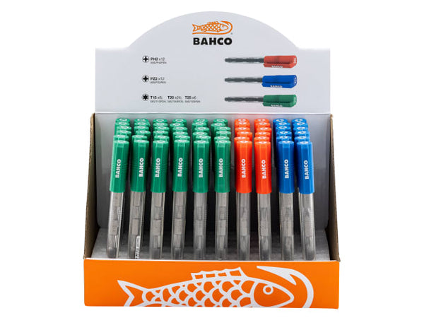 A retail display box containing 60 Bahco screwdriver bit pens, each with assorted bits.