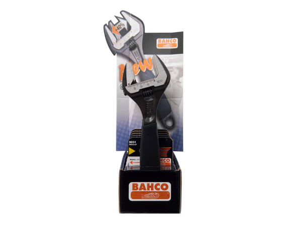 A retail display holding 5 Bahco 9031 series adjustable wrenches.