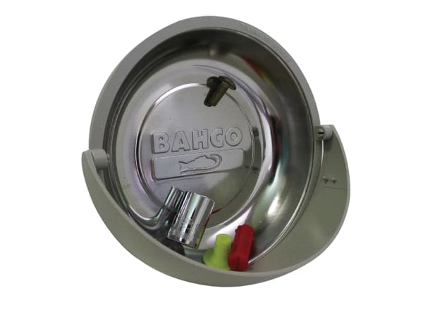 A round Bahco magnetic parts tray, 150mm, made from polished stainless steel.