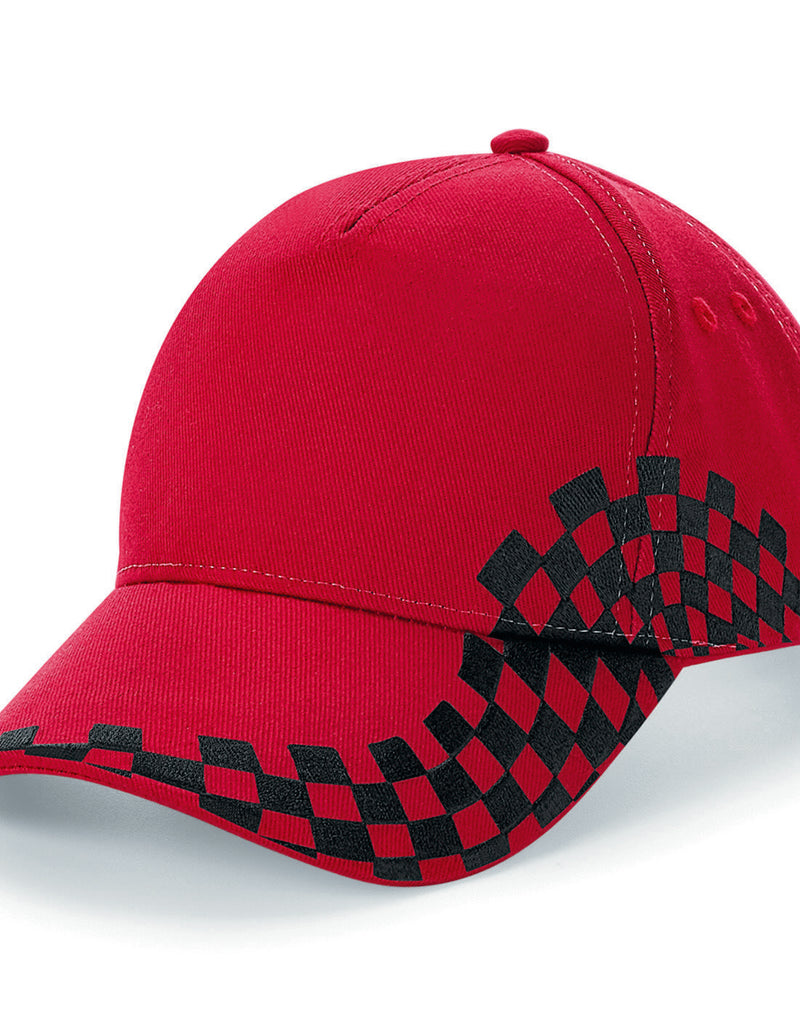 Classic red Beechfield B159 5-panel printers cap, shown from the front.