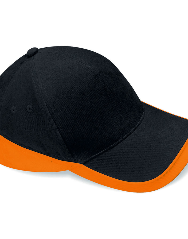 Beechfield B171 trucker cap in black with a bright orange mesh panel.
