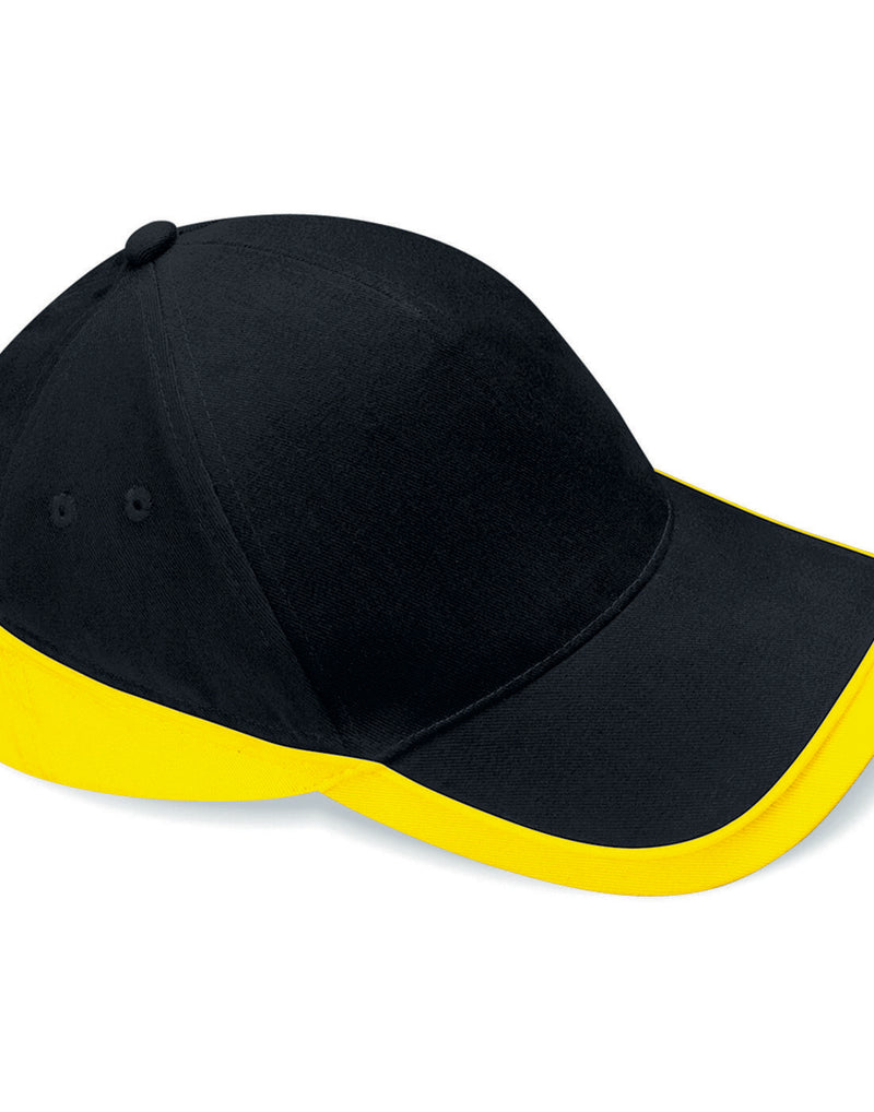 Black Beechfield B171 trucker cap featuring a contrasting yellow mesh back.