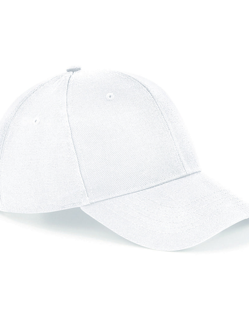 Clean white Beechfield B18 6-panel baseball cap, ready for embroidery.