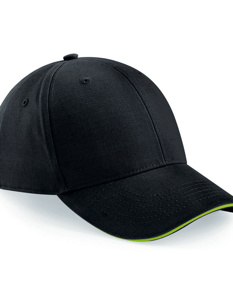 Black Beechfield B20 cap featuring a bright lime green sandwich peak trim.