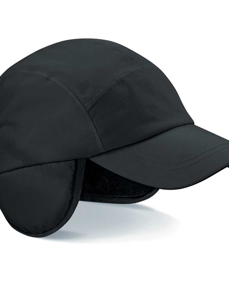 Solid black Beechfield B355 5-panel cap made from durable canvas material.