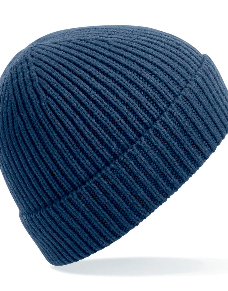 Strawberry pink Beechfield B380 organic cotton beanie, side view.