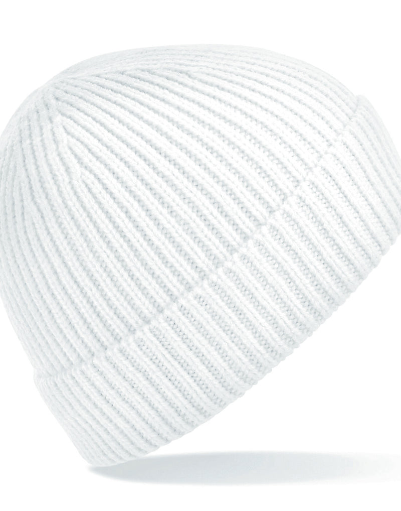 Crisp white Beechfield B380 organic cotton beanie with a turn-up cuff.