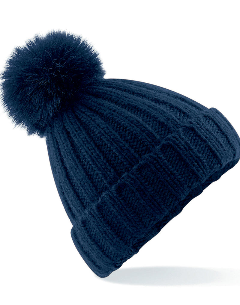 Classic navy Beechfield B413 cozy chunky knit beanie, side view.