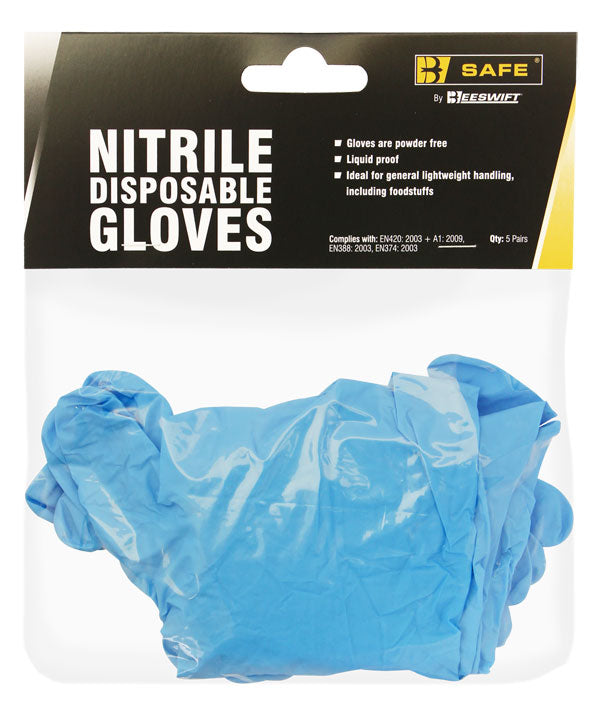 Blue nitrile disposable glove from B-Safe, offering chemical resistance.