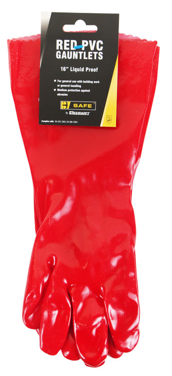 Long B-Safe 16-inch red PVC gauntlet glove for chemical protection.