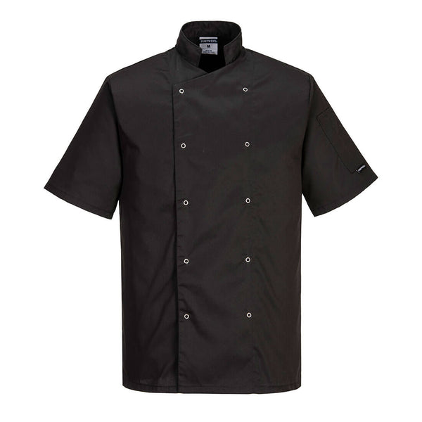 Black short-sleeve Portwest Cumbria Chefs Jacket C733 with double-breasted button front.
