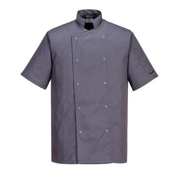 Slate grey Portwest Cumbria Short Sleeve Chefs Jacket C733 designed for professional kitchen environments.
