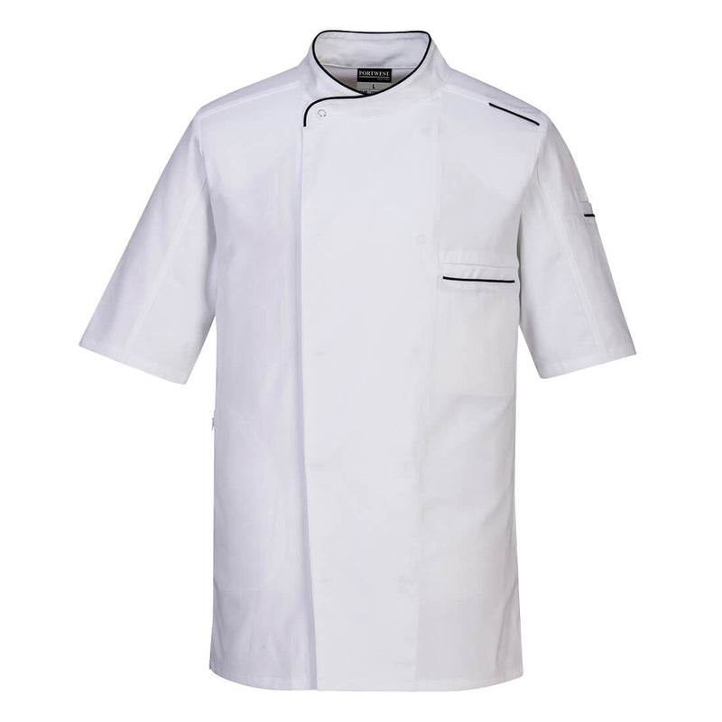 Crisp white Portwest Surrey Chefs Jacket C735, offering a professional appearance for chefs.
