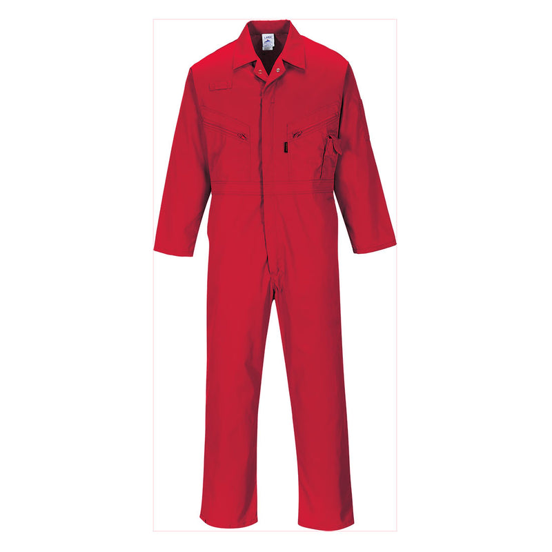 Portwest cotton coverall in red with two‑tone reflective bands