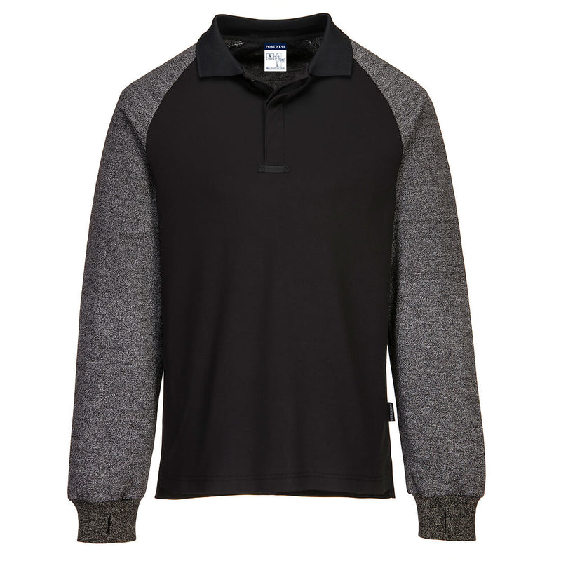 Portwest polo shirt with cut-resistant sleeves CR15 in black.