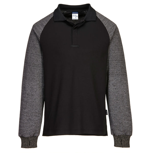 Portwest polo shirt with cut-resistant sleeves CR15 in black.