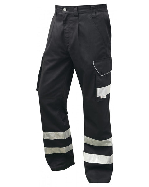 Leo Workwear Ilfracombe black work trousers with durable design for professional job sites