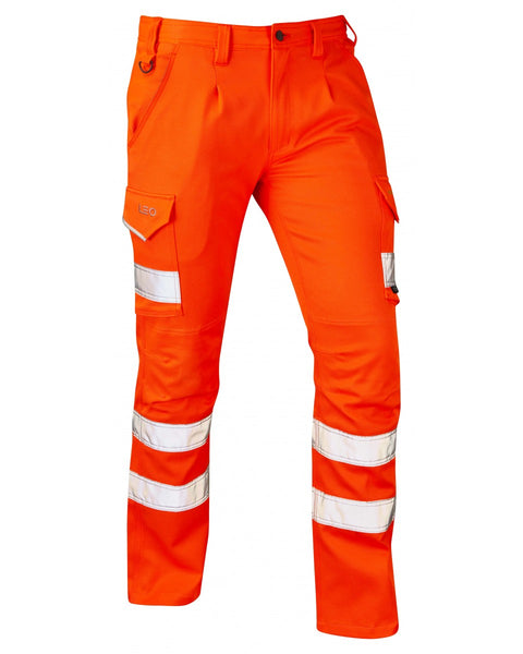 Leo Workwear Kingford orange hi-vis trousers for maximum visibility and workplace safety