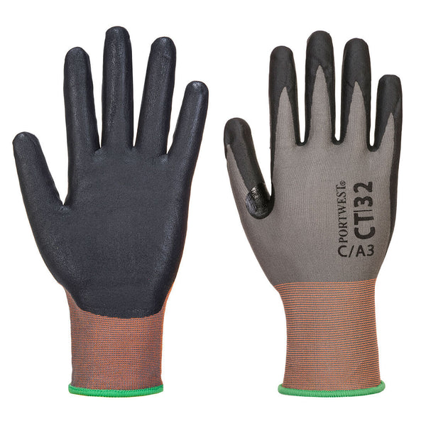 A pair of grey and black Portwest CT Cut C18 Nitrile gloves.