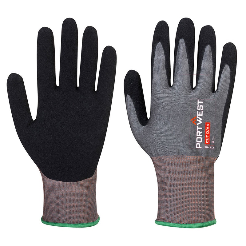 A pair of grey and black Portwest CT Cut D18 Nitrile gloves.
