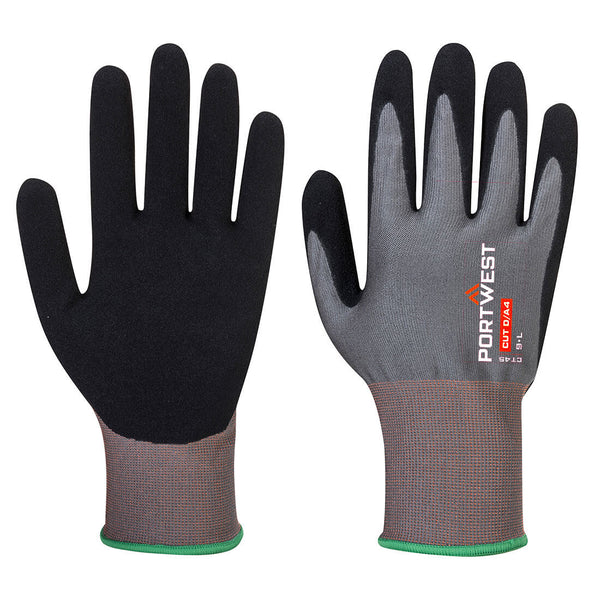 A pair of grey and black Portwest CT Cut D18 Nitrile gloves.