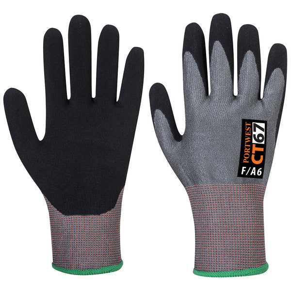 A pair of grey and black Portwest CT Cut F13 Nitrile gloves.