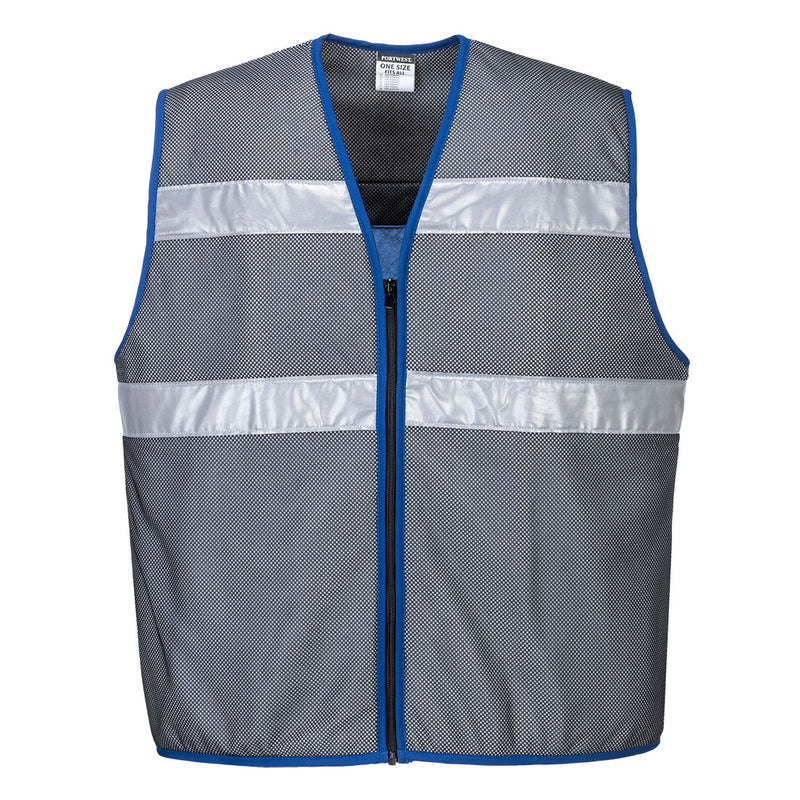 Grey reflective mesh safety vest with blue trim