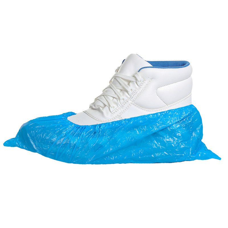 Blue Portwest D340 disposable polyethylene overshoes with elasticated ankles.