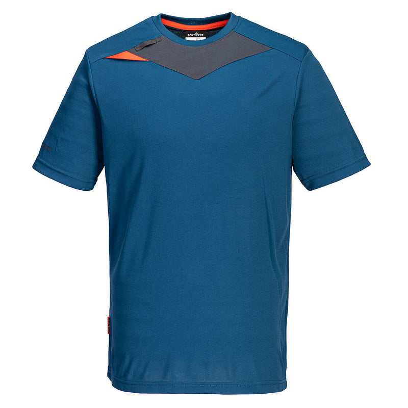 Front view of the Portwest DX4 T-Shirt in metro blue with grey panels.