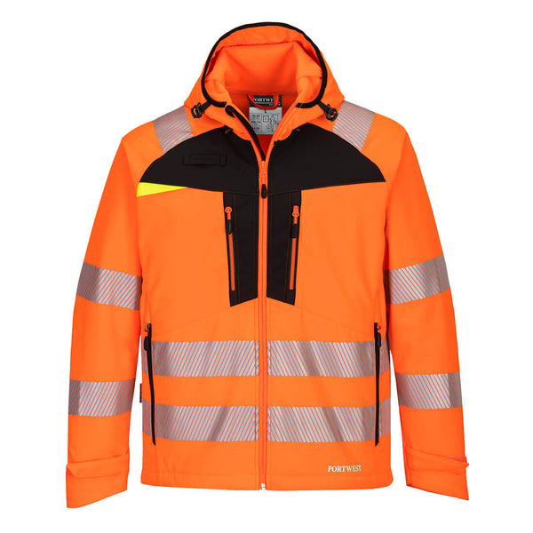 Orange high-visibility Portwest DX4 Softshell 3L jacket ensuring safety and comfort.