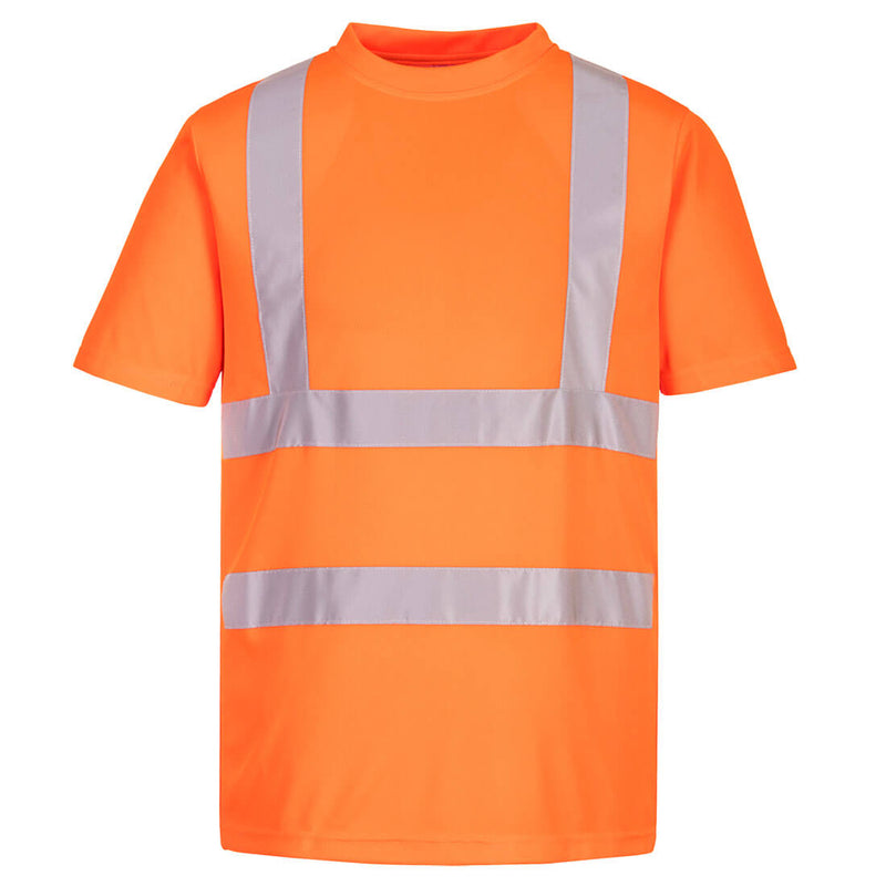 Eco-friendly orange high-visibility short-sleeve t-shirt conveniently offered in a 6-pack.