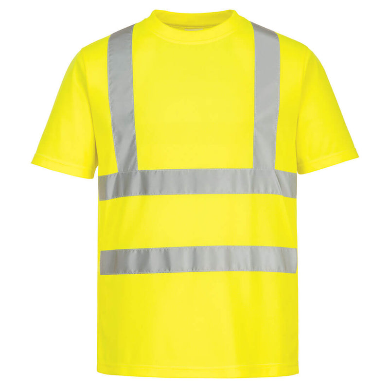 Eco-friendly yellow high-visibility short-sleeve t-shirt sold in a practical 6-pack.